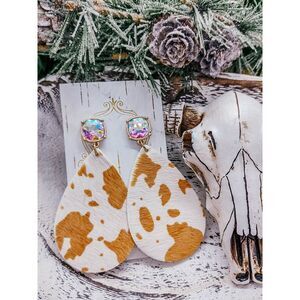 Leopard Hair On Genuine Leather Gem Post Teardrop Earrings New on Card